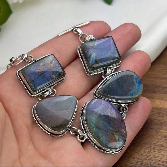 Natural Purple Labradorite Chunky Bracelet Boho New 925 Sterling Silver Overlay - Picture 7 of 11
